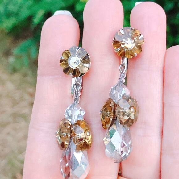 VTG Signed Vendome Mid Century Earrings Crystal Dangling Drop Clip On Sparkling - Picture 13 of 13